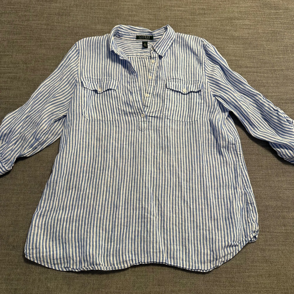 Lauren Ralph Lauren Tunic Top Womens XL Blue Striped  Linen Roll-Tab